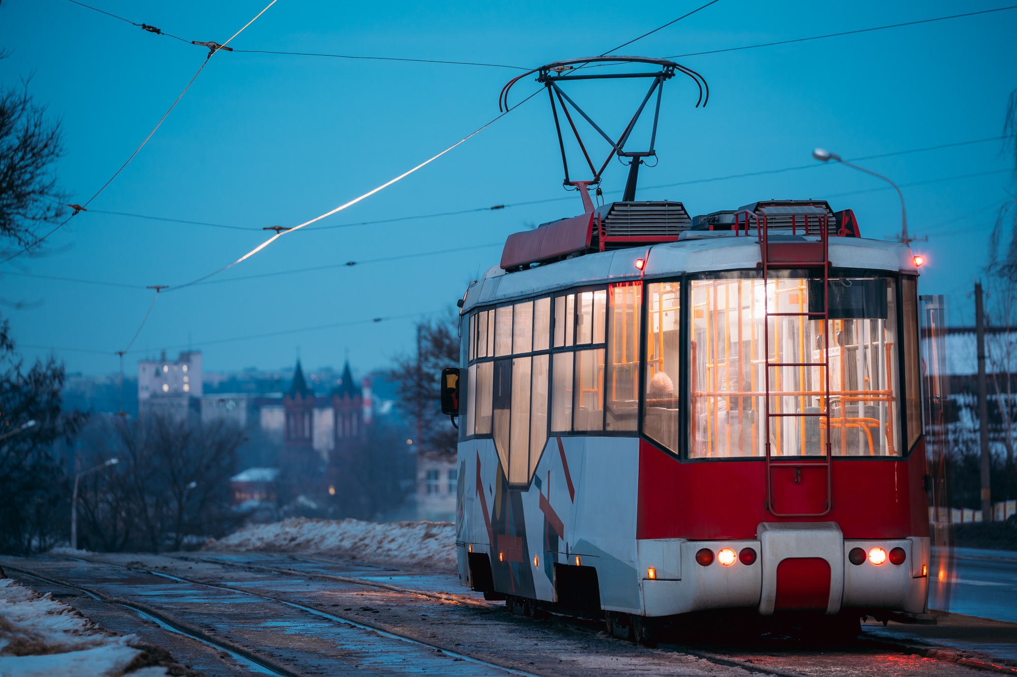 Vitebsk, Belarus. Back View Of Public Old Retro Tram Moving Near